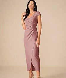billige -Dame Maxikjole Wrap-kjole Elegant Fest Bursdag Feriereise Bryllup Bryllupsgjest Rynket Normal Helfarge Kortermet V-hals Dusty Rose