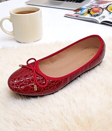 preiswerte -Damen-Ballerinas aus Kunstleder mit Krokodilprägung – Ballerinas mit roter Schleife für den Komfort am Schreibtisch im Büro und auf dem Weg zur Arbeit