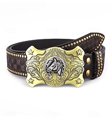 abordables -Cinturón de cuero estilo western para hombre con hebilla de águila: diseño vintage en relieve con remaches, ideal para ropa informal y campestre.