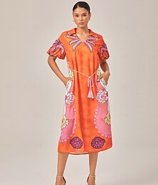 abordables -Femmes Féminin Robe Décontractée Vêtements de villégiature Robe Midi Orange Manches courtes Floral Col en V Manche Gigot Imprimé Été Col de chemise Vacances Bohème XS S M