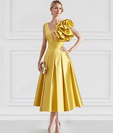 economico -Abito giallo blu A-Line abito da cocktail elegante abito formale da ospite di matrimonio lunghezza alla caviglia senza maniche scollatura a V in raso con tasca fiore sulle spalle