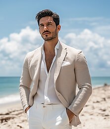 economico -Per uomo Blazer di Lino Giacca Sportiva Colletto ad incastro Moda Casual Tinta unita Blazer Kaki Beige Vestibilità standard Monopetto Un Bottone