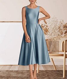 voordelige -A-lijn Over de knie Galajurken Elegant Feest Mouwloos Strakke ronde hals Schoolfeest Cocktailparty Satijn met Plooien