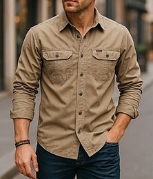 billiga -Herr Casual skjorta Arbetsskjortor Knapp upp skjorta Mörk marin Khaki grön Ljusgrå Armégrön Långärmad Enfärgad / vanlig färg Kavajslag Semester Helgdag Button-Down Kläder Mode Ledigt Bekväm