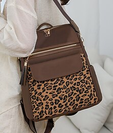 お買い得  -女性用のヒョウ柄生地のパッチワークバックパック。片方の肩にかけることができ、複数のジッパー付きで、学校、旅行、カジュアルな外出に最適です。