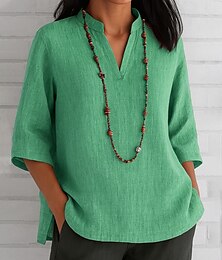 economico -camicetta da donna in cotone e lino, tinta unita, elegante, vintage, alla moda, manica a 3/4, scollo a V, top normali, per tutti i giorni, per le vacanze, rosso, blu, verde, kaki, estate, primavera