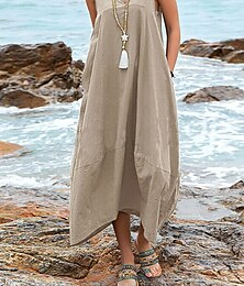 abordables -Femmes Robe Midi Robe en coton et lin Basique Occasionnel Vacances Quotidien Coupe régulière Uni Sans manches Col en V Noir Vin Kaki Été