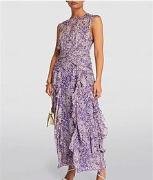 economico -Abiti per Invitati al Matrimonio A-Line Collo a Giro Senza Maniche Lunghezza Maxi Chiffon Stampa Floreale Abiti da Sposa con Ruches
