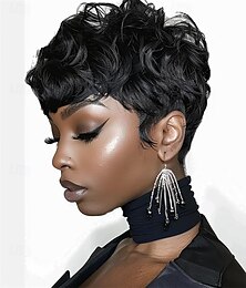 abordables -Perruque courte coupe lutin noire naturelle pour femmes noires, perruque courte bouclée noire avec frange pour femmes noires, perruque cheveux courts