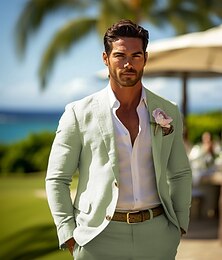 abordables -Pour des hommes Occasionnel Mariage à la plage Costumes en lin Bleu Ciel Vert Sauge Mode Quotidien Couleur Unie Coupe Standard 2 pièces Simple Boutonnage Deux Boutons