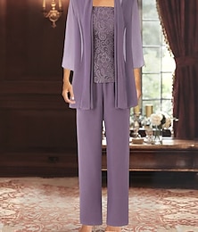 economico -Completo Pantalone Abito da cerimonia per signora Ospite di nozze Elegante Semplice Collo gioiello Lunghezza al pavimento Poliestere Manica Lunga con Tinta unita 2025