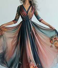 ieftine -Rochie lungă pentru femei, rochie maxi, rochie casual, rochie leagăn, rochie florală, rochie de vară, rochie boho, vintage, vacanță, zi de zi, croială regulată, imprimeu floral, mânecă lungă, decolteu în V, albastru, vară