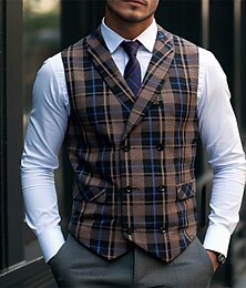 economico -Per uomo Gilet Vacanza Feste Affari Moda Casual Primavera & Autunno Bottoni Tasca Poliestere Confortevole Plaid Doppiopetto Bavero Vestibilità regolare CaffÃ¨ Marrone Nero Grigio scuro Caffè Gilet