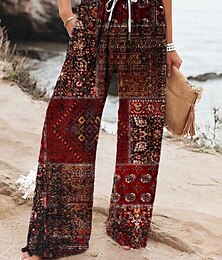 baratos -Mulheres Perna larga chinês Calças largas Férias Vintage Moda Comprimento total Cintura Alta Gráfico Geométrica Patchwork Com Cordão Estampado Respirável Macio Micro-Elástica Férias Casual Diário