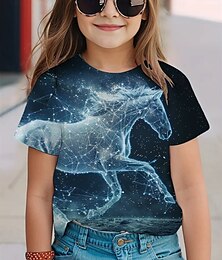 economico -Ragazze 3D Cavallo Maglietta Manica Corta Estate Primavera Moda Essenziale Bambini 4-12 Anni Girocollo All'aperto Casuale Quotidiano Vestibilità regolare