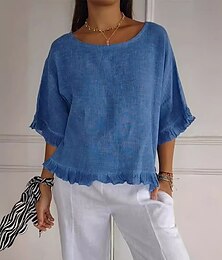 economico -camicetta in cotone e lino da donna tinta unita elegante casual mezza manica girocollo top normali quotidiano festa volant estate
