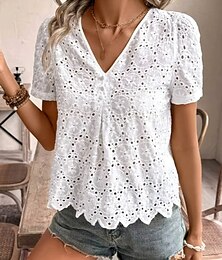 economico -Per donna Camicia Floreale Casual Manica Corta Colletto a Camicia Top Regolari Quotidiano Ferie Pizzo Bottoni Bianco Estate Primavera