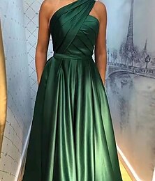 abordables -Ligne A Robes de Quinceanera Élégant Robe Mariage robe demoiselle d honneur Longueur au sol Sans manches Une Épaule Satin de mousseline de soie Dos nu avec Plis 2025