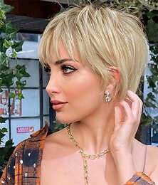 ieftine -peruci blonde pentru femei perucă tăiată pixie peruci cu păr scurt cu breton pentru uz zilnic și cosplay