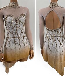 preiswerte -Eiskunstlaufkleid Damen Mädchen Eislaufen Kleid Gold Patchwork Offener Rücken Netzstoff Hohe Elastizität Training Wettbewerb Eiskunstlaufkleidung Klassisch Kristall / Strass Langarm Eislaufen