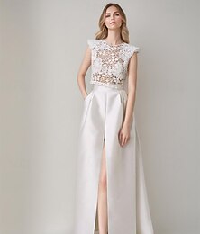 preiswerte -separate Brautkleider A-Linie Rundhalsausschnitt ärmellos bodenlang Schlitz Falten Brautkleider mit floralen Spitzenapplikationen einfarbig 2025