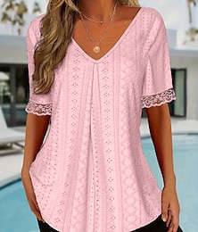 economico -Tunika da donna in tinta unita elegante vintage moda maniche corte scollo a V top regolari da indossare quotidianamente nel weekend in pizzo rosa blu estate primavera