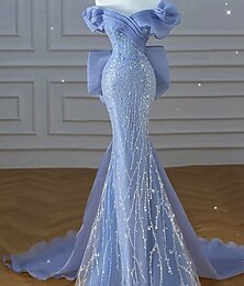 abordables -Sirène / Trompette Robes de soirée Élégant Robe Mariage robe demoiselle d honneur Traîne Balayage Sans manches Épaules Dénudées Tulle avec Broderie 2025