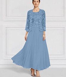 abordables -Deux Pièces Ensembles de Robes Robe de Mère de Mariée  robe demoiselle d honneur Église Élégant Col ras du cou Longueur cheville Chiffon manche longue avec Dentelle Broderie 2025