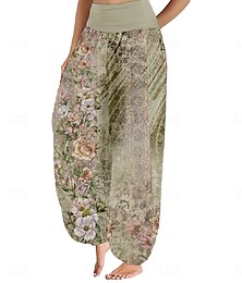 economico -Per donna Pantaloni ispirati al lino Gamba larga Pantaloni Stile Etnico Casual Boho Lunghezza intera Vita Alta Floreale Tasca Elastico in vita Stampa Traspirabilità Morbido Micro-elastico All'aperto