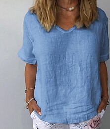 economico -Per donna Camicia Camicia di lino Camicie di cotone e lino Semplice Quotidiano Elegante Essenziale Manica Corta Scollo a V Top Regolari Lavoro Quotidiano Ferie Bianco Blu Grigio Estate