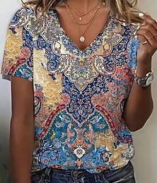 preiswerte -Damen T Shirt Sommeroberteile Druck Grafik Geometrisch Klassisch Lässig Kurzarm V Ausschnitt Crop Tops Täglich Wochenende Regenbogen Sommer Frühling Herbst