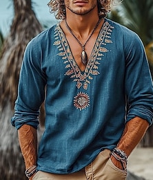 economico -Per uomo Camicia Camicia di lino Stile vichingo Camicia Estiva Abbigliamento da spiaggia Camicia pirata Tinta unica Vacanza Streetwear Blu marino Manica Lunga Scollo a V Estate Primavera Abbigliamento