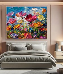 abordables -Peinture à l'huile sur toile florale colorée faite à la main, peinture acrylique texturée peinte à la main, peinture à l'huile florale joyeuse, peinture à l'huile pour salon, peintures murales
