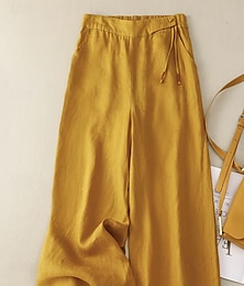 abordables -Femmes Pantalon en coton et lin Slacks Mode Streetwear Longueur complète Naturel Uni Avec Poches Taille Élastique Extérieur Confortable Rue Sortir Abricot Noir Bleu Gingembre Été Coupe régulière