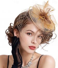お買い得  -女性用ファシネーター帽子、花のメッシュリボン、ヘッドバンドに羽根、クリップ、ティーパーティー用女性用ヘッドウェア