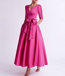 billiga -A-linjeformade cocktailklänningar Elegant klänning bröllopsgäst te-längd 3/4-längd ärm V-ringad fickor satin med rosett(er) klänningar
