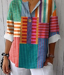 economico -Camicia da donna Lino cotone Stampa grafica Geometrica Blocco di colore Vintage Tropicale Hawaiian Manica lunga Collo a V Top regolari Quotidiano Festività Spiaggia Abbigliamento Patchwork Bottoni