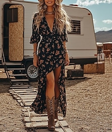 economico -Per donna Abito Midi Abito Vintage Abito Boho Abito Stampato Abito occidentale Vintage Moda All'aperto Vacanza Ferie Vestibilità regolare Fiore Manica Corta Scollo a V Nero Estate