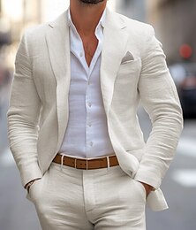 abordables -Trajes de lino casuales para hombres bodas diarias beige medio forrado ligero verano en colores sólidos ajuste estándar 2 piezas de un solo botón