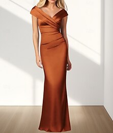 preiswerte -Meerjungfrau/Trompete Brautjungfernkleid V-Ausschnitt ärmellos elegant bodenlang Satin mit Rüschen 2025
