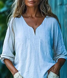 economico -Per donna Camicia Boho Blusa Quotidiano Casual Manica Lunga Scollo a V Top Regolari Champagne Giallo Rosa Azzurro cielo Viola Estate Primavera Autunno