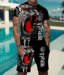 economico -Per uomo Animale Tigre 2 pezzi Set di magliette Top estivi Manica Corta Pantaloni corti Girocollo Canotta sportiva Casual Di tendenza All'aperto Casuale Quotidiano Stampa 3D Estate Blu Rosso