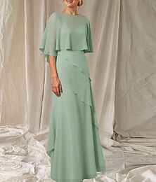 preiswerte -A-Linie Mutter der Braut Kleid Hochzeitsgast Elegant Rundhals Bodenlang Chiffon Halbe Ärmel mit Cascading Rüschen