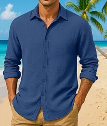 billiga -Herr Skjorta Sommarskjorta Casual skjorta Strandskjorta Knapp upp skjorta Seersucker skjorta Svart Rubinrött Mörk marin Marinblå Mörkgrön Långärmad Ensfärgat Slät Krage Semester Ledigt Kläder Mode
