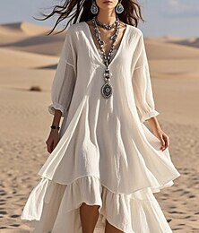 abordables -Robe Maxi Femme Robe en A Lin Décontractée Fête Plage Ajustement Régulier Couleur Unie Unie Manches 3/4 Col en V Blanc Été