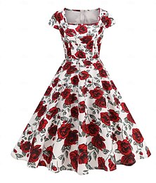economico -Retrò Vintage Anni 1950 Rockabilly Midi Abito da cocktail Vestito Svasato Floreale Collo quadrato Costume Per donna Mascherata Vacanza Ritorno a casa Festa & Sera Adulti Vestito Estate