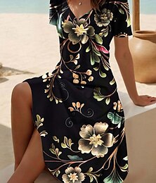 ieftine -Pentru femei Rochii Midi Rochie casual Rochie Skater Rochie de vară Modă Modern Zilnic Plajă Sfârșit de săptămână Fit regulat Floral Manșon scurt În V Negru Alb Albastru piscină Mov Vară