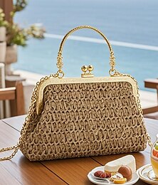 economico -Borsa vintage da donna in paglia intrecciata – elegante borsa con chiusura a scatto e catena dorata, pochette in stile retrò per vacanze al mare, feste e gite estive