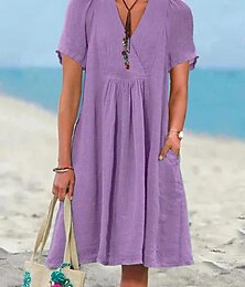 abordables -Mujer Mini vestido Vestidos inspirados en el lino Vestido de una línea Casual Estilo playero Diario Ajuste regular Plano Manga Corta Escote en Pico Verde Claro Azul Real Morado Naranja Verano