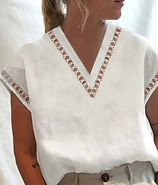abordables -Chemise Femme en Coton Lin/Similaire au Lin Couleur Unie Style Bohème Chemise à Manches Longues Col Tops Réguliers Quotidien Vacances Sortie Patchwork Blanc Été Printemps